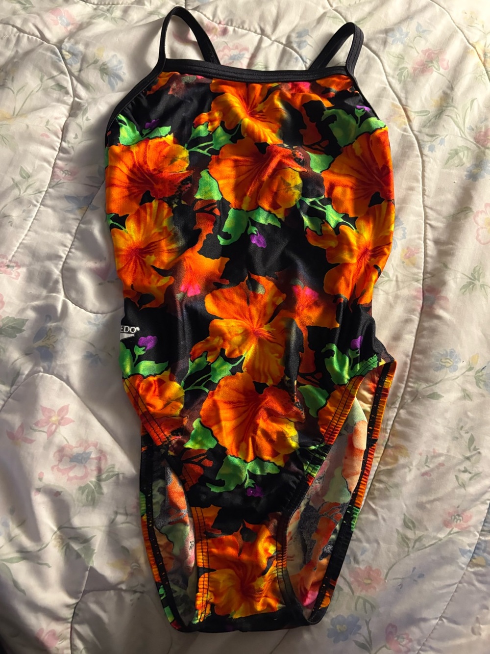 Speedo Orange Black Floral Swimwear with Green and Purple Accents